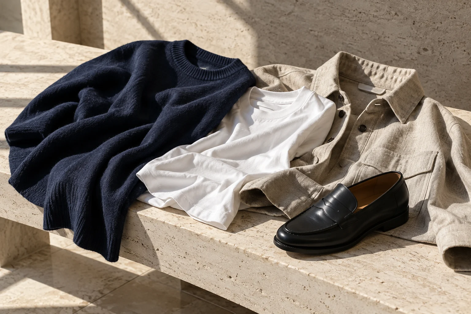 AI styling illustration: navy, white and stone wardrobe pieces with a black loafer