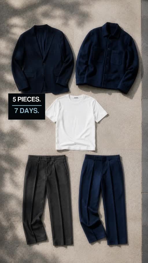 The five-piece QWD wardrobe: two navy layers, a white tee and two trousers
