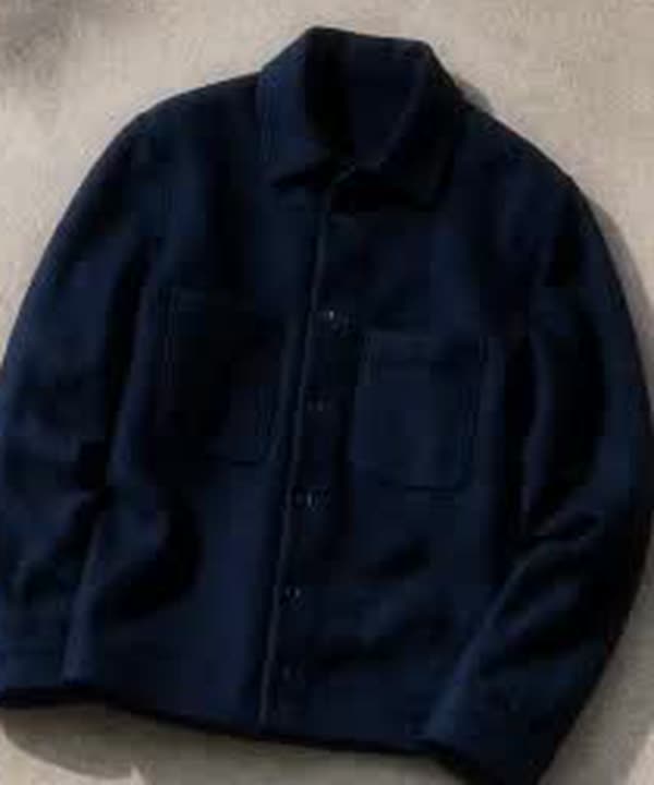 A navy overshirt photographed as part of a five-piece wardrobe; contextual image, not the six exact products