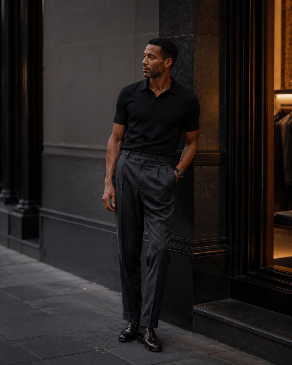 Charcoal pleated trousers worn with a black knitted polo