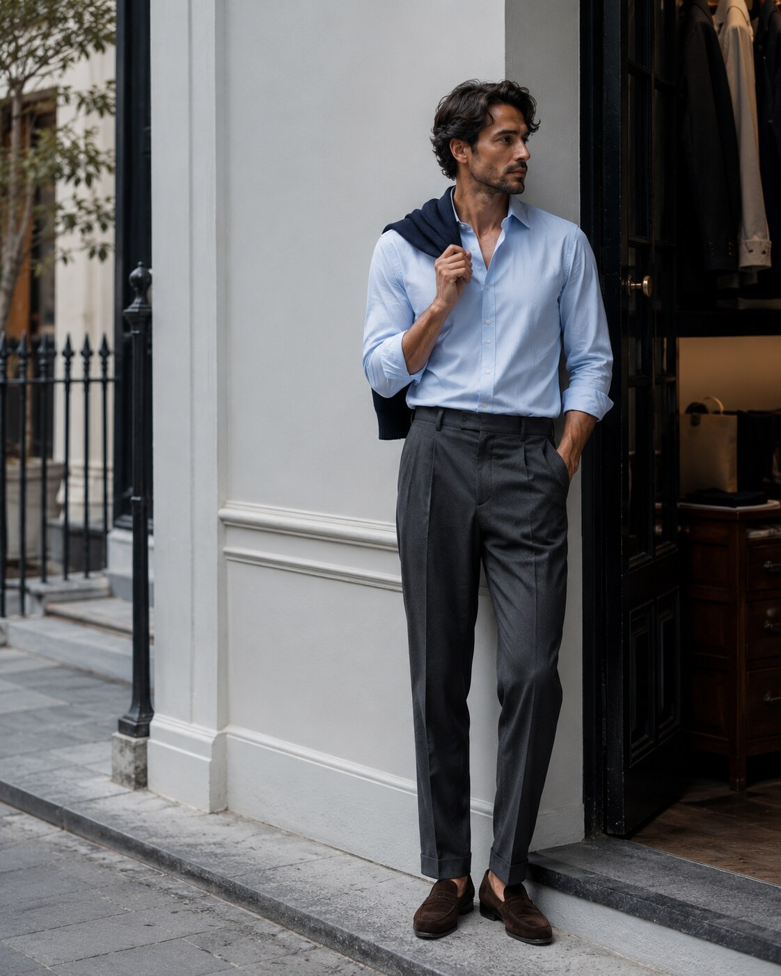 Charcoal trousers worn with a pale-blue shirt and loafers