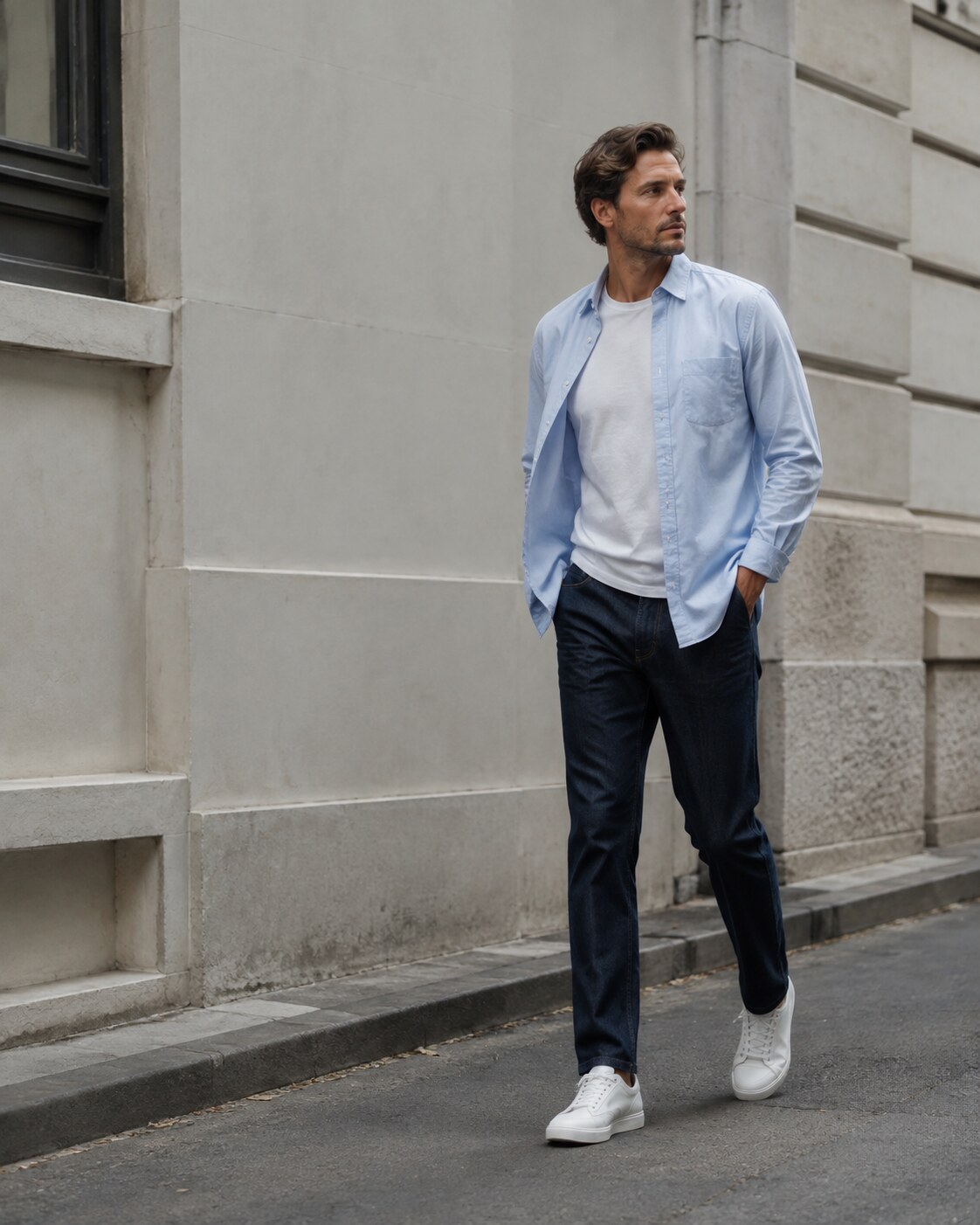 A man in an open pale-blue shirt, dark denim and clean white sneakers