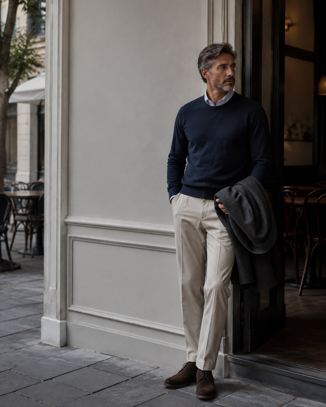 A man in a navy fine knit, stone trousers and brown suede shoes