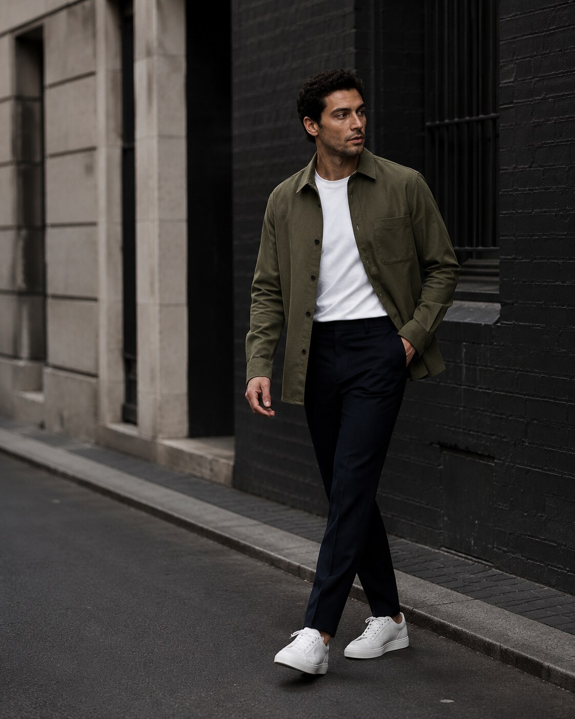 A man in an olive overshirt, white T-shirt, navy trousers and clean sneakers