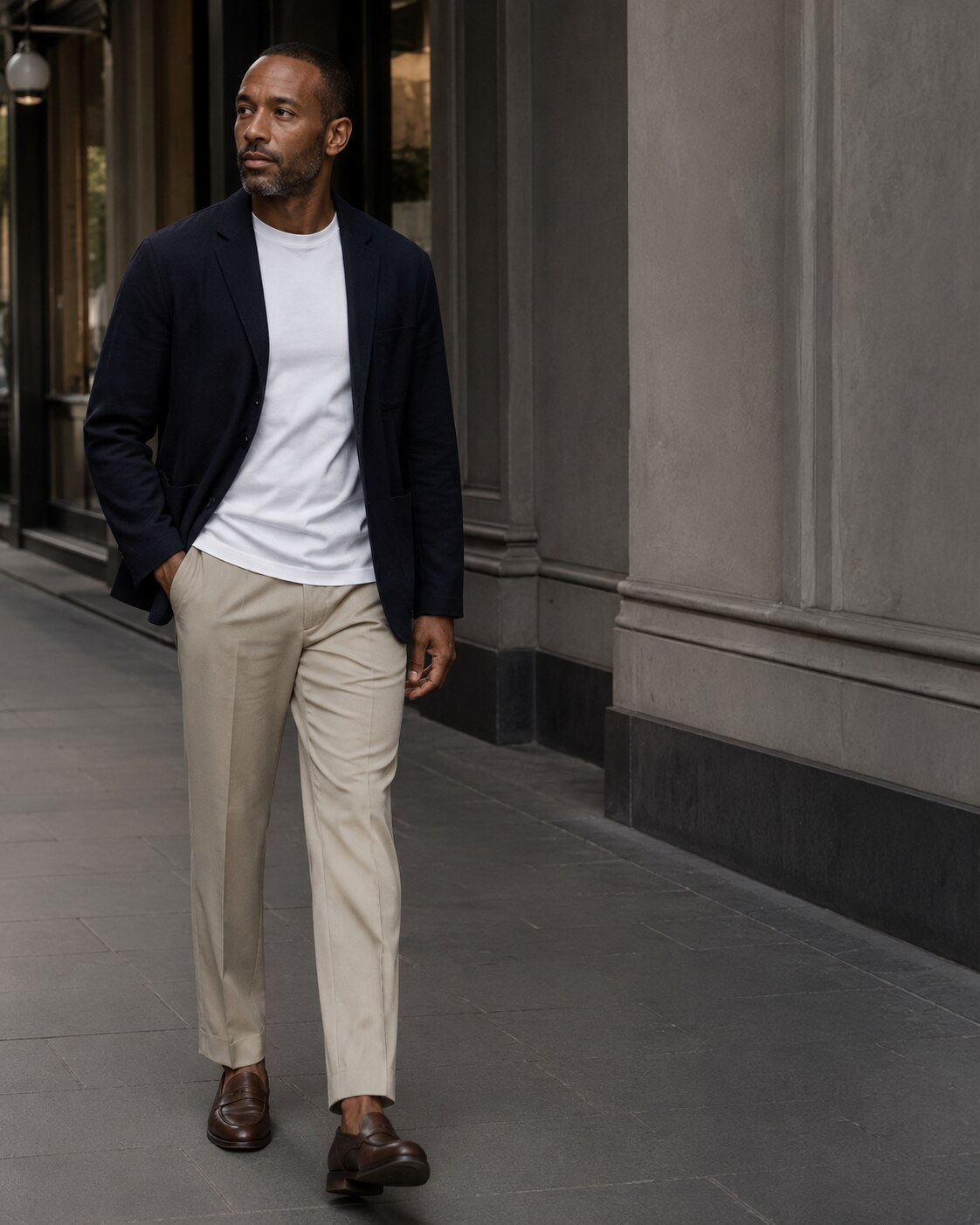 White T-shirt, navy jacket and light trousers