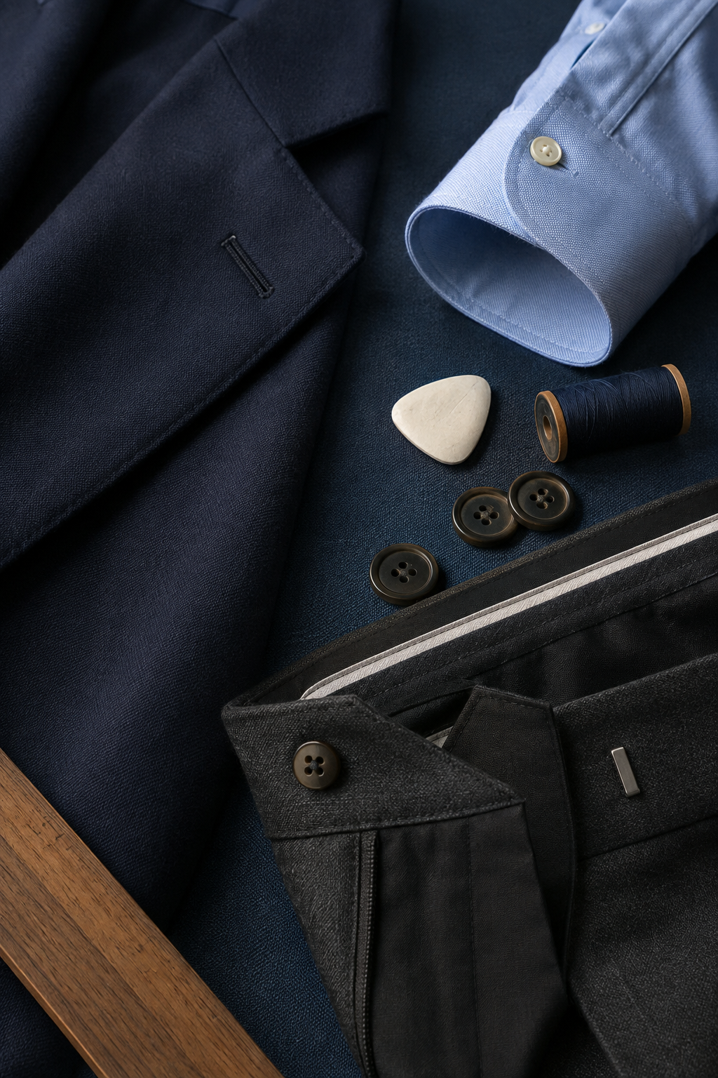 Pale-blue shirt cuff, navy cloth and tailoring details