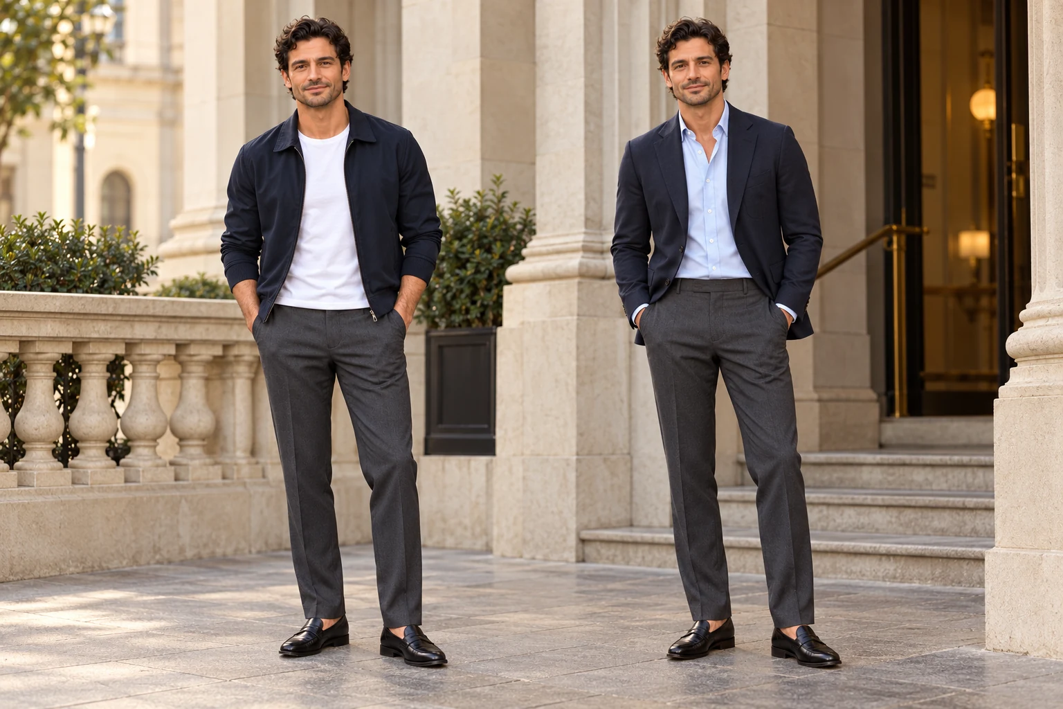 AI styling illustration with the recurring QWD model twice: a white T-shirt and casual navy jacket beside a pale-blue shirt and tailored navy jacket, both with charcoal trousers and black loafers; not exact retailer products or fit evidence