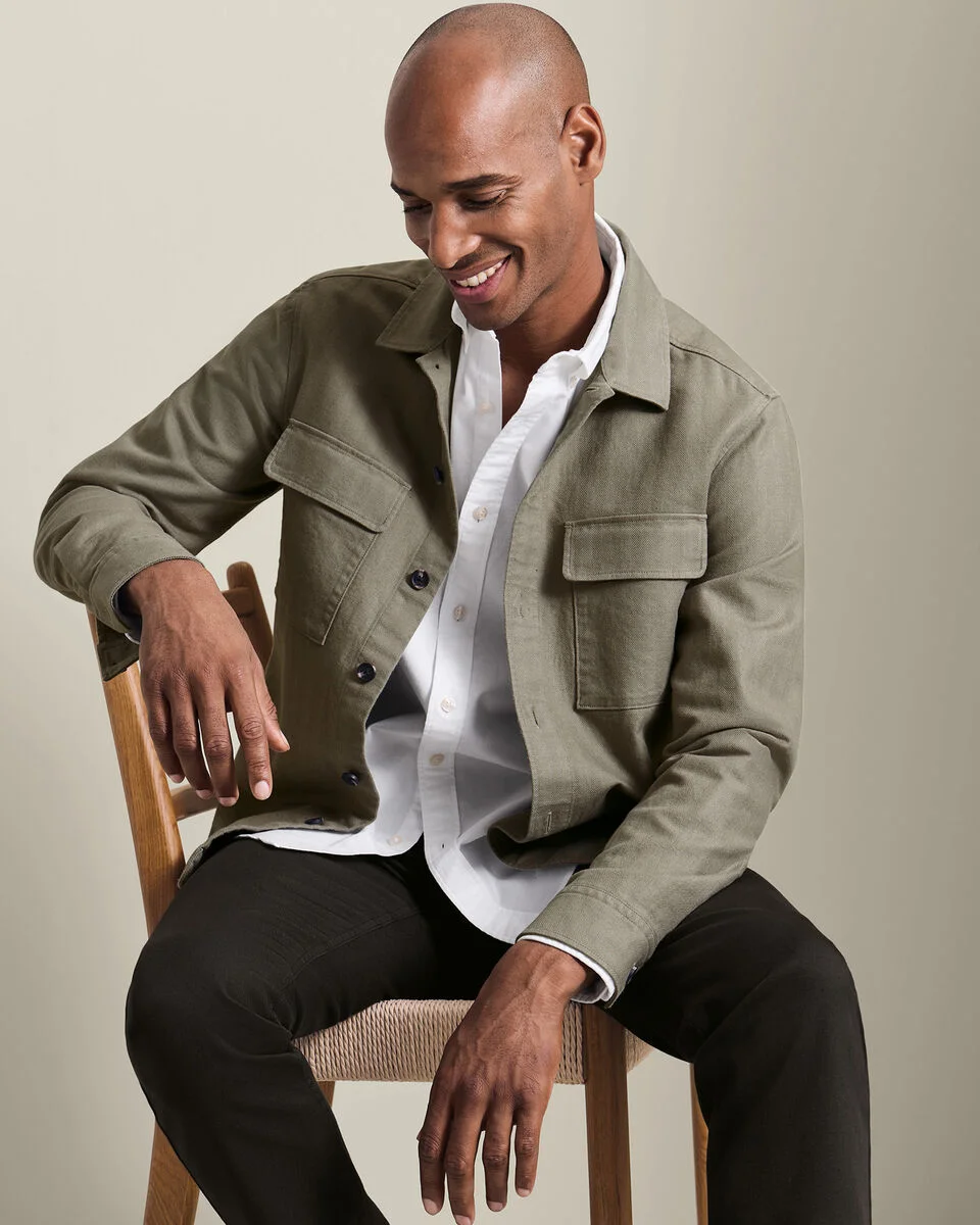 Taupe herringbone overshirt over a white shirt by Charles Tyrwhitt