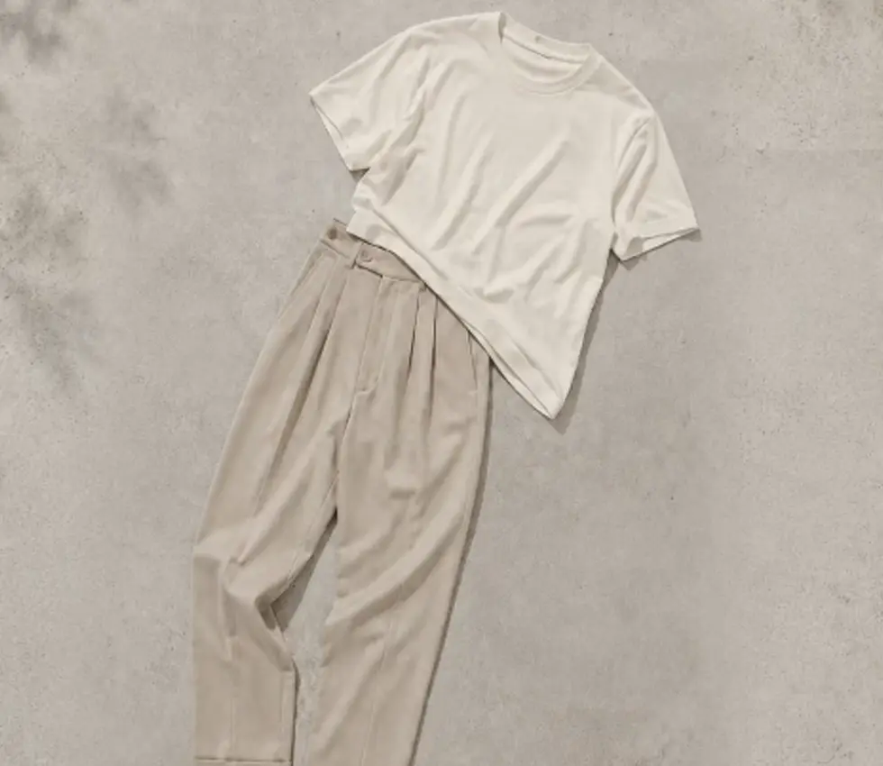 Ecru cotton T-shirt and stone trousers in the QWD Stone Shift flat lay