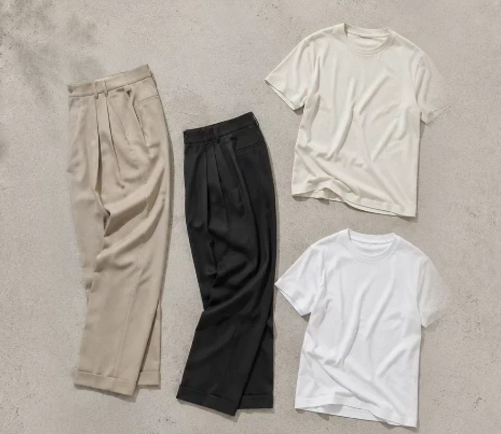 Stone and charcoal trousers with ecru and white tees