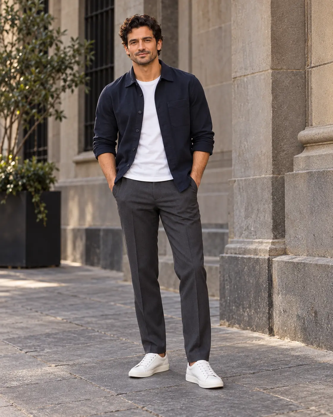 AI styling illustration: the recurring QWD model in a navy overshirt, white T-shirt, charcoal trousers and white sneakers