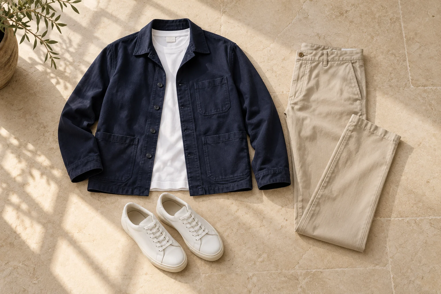 AI styling illustration: navy three-pocket chore jacket over a white tee, folded stone chinos and white sneakers