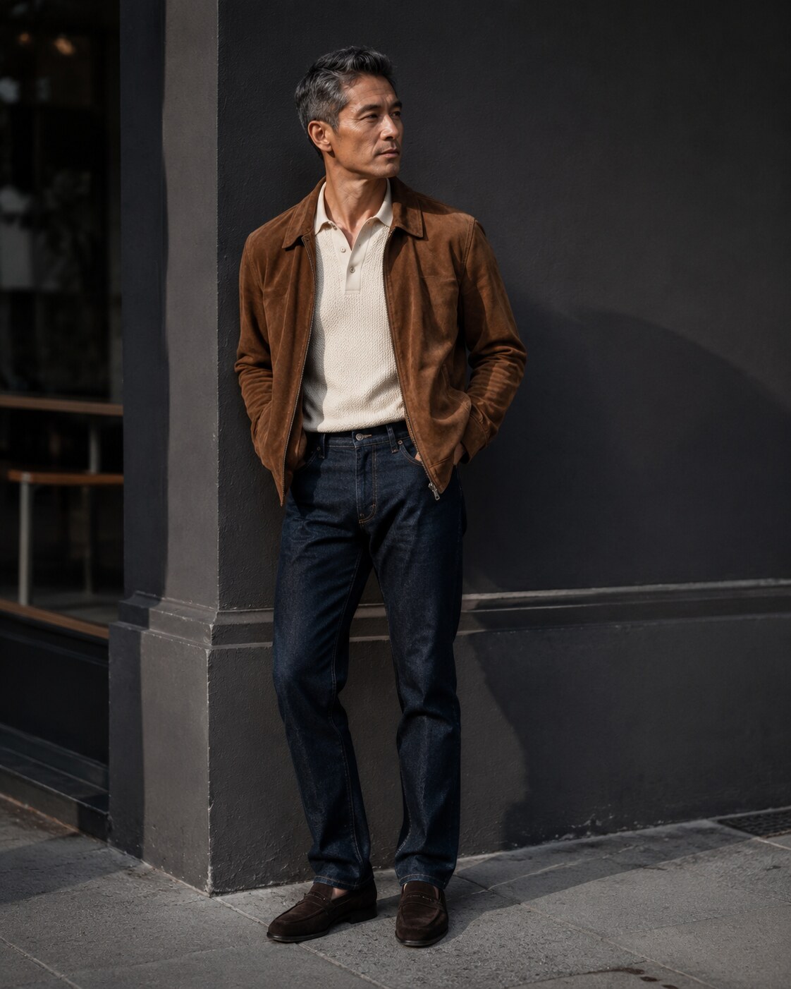 A man in a brown suede jacket, textured knit and dark denim