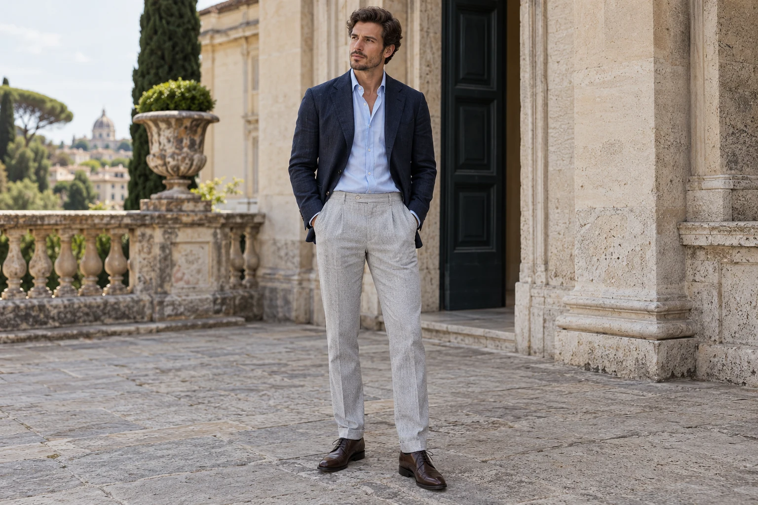 A man in a textured navy blazer, pale blue shirt, light grey trousers and brown lace-up shoes