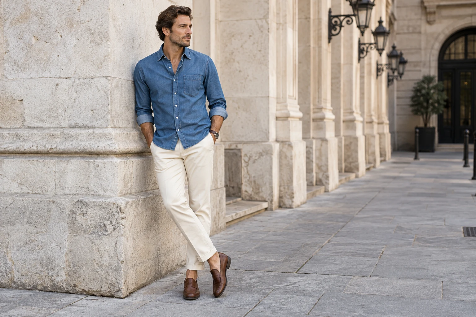 A man in a blue denim shirt, cream chinos and brown leather loafers