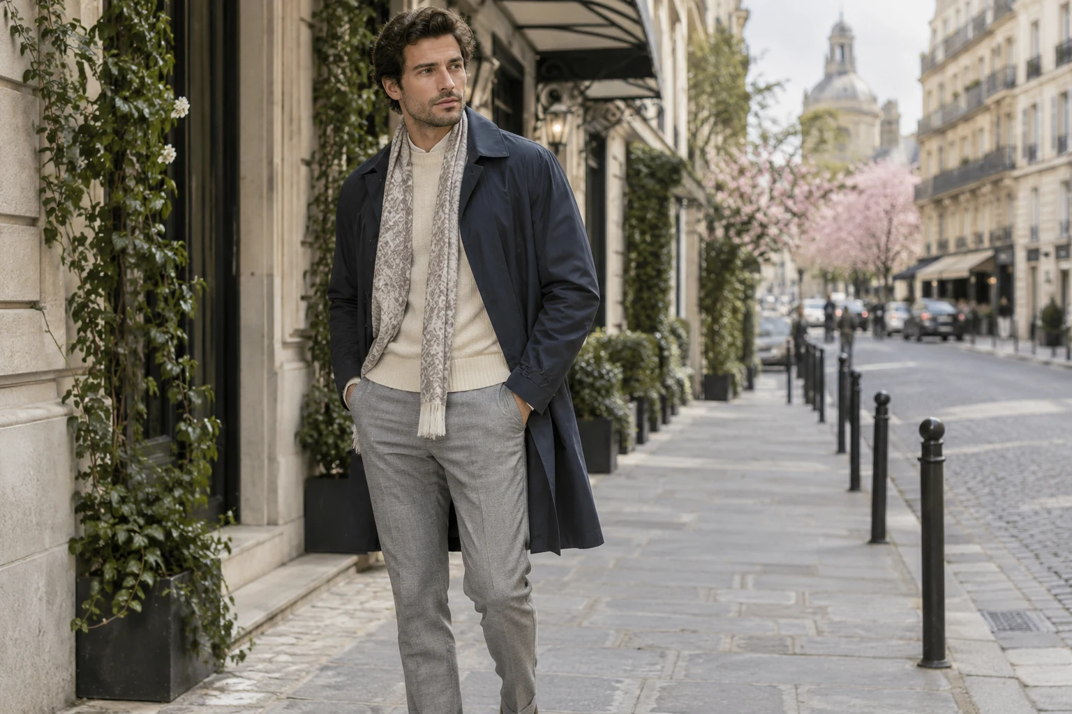A man in a navy raincoat, light patterned scarf, ecru knit and grey trousers