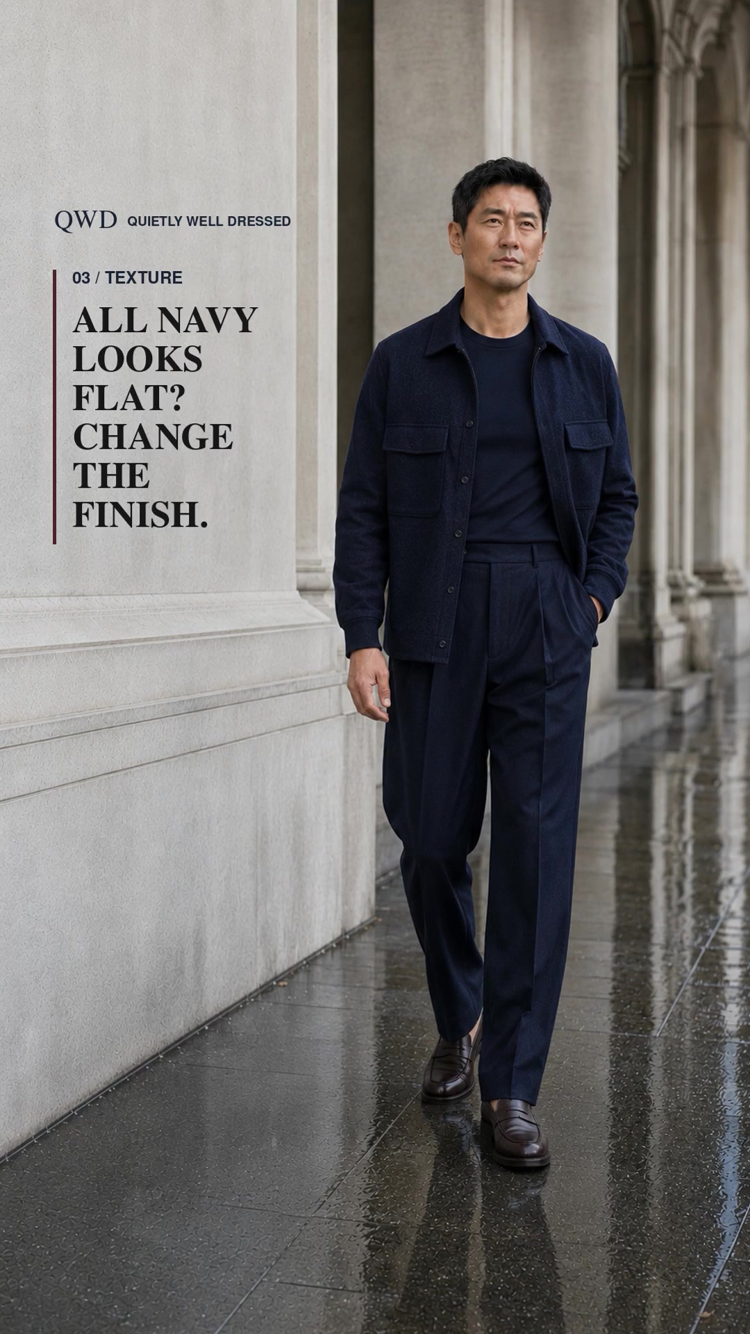 Cover for How to stop an all-navy outfit looking flat