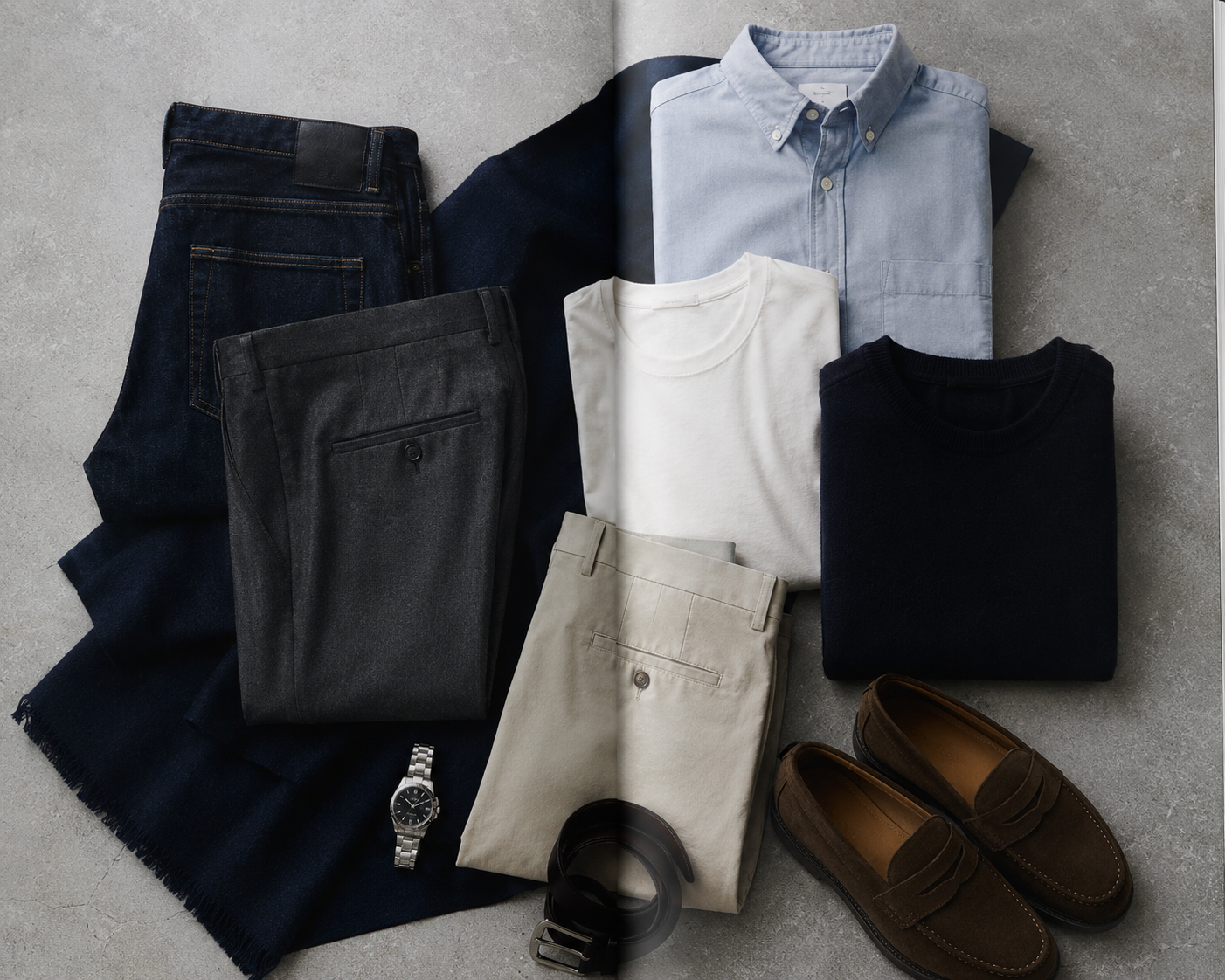 A colour flat lay of navy, pale blue, white, charcoal, stone and brown wardrobe pieces